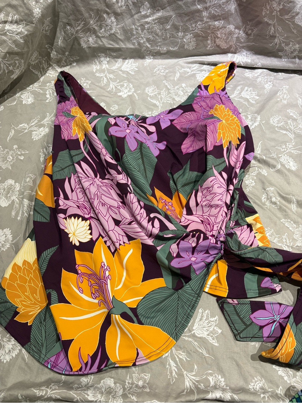 NWT Lands End plum yellow floral faux wrap tankini swim top 24W